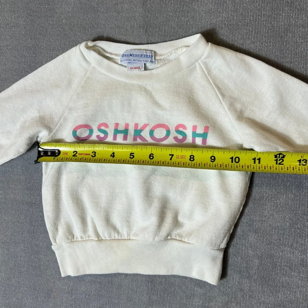 Vintage OshKosh B'gosh Kids 18M Spellout Sweatshirt White Raglan Pink Teal